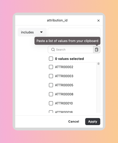 screenshot of filter ui with button to paste values from clipboard